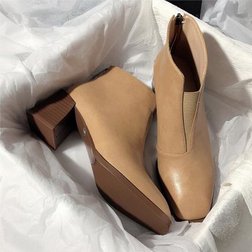 森嶼海巷 真皮簡約時尚切爾西靴高跟氣質短靴復古粗跟百搭靴子女