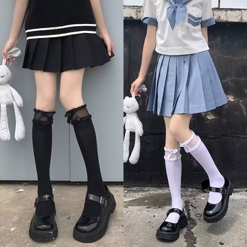 Lolita 花邊 蕾絲 蝴蝶結 小腿襪 天鵝絨 女 中筒襪子 及膝 日系 學生 黑白絲 高顏值 氣質 可愛 青春風格