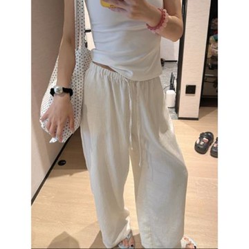 白色麻料松弛感苧麻闊腿褲女夏季抽繩高腰顯瘦垂墜感休閑拖地長褲