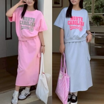 La Belleza圓領亮色英文字太空棉寬鬆上衣+鬆緊腰螢光抽繩貼口袋後開叉太空棉長裙兩件式套裝