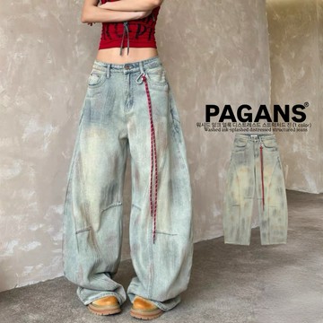 【PAGANS STORE】美式 復古 暈染 做舊 水洗 掛繩 配件 解構 龍骨 髒染 彎刀褲 彎刀 牛仔 牛仔褲 長褲