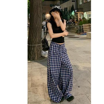 mrzp趙露思許我耀眼許妍同款藍色格子闊腿褲女慵懶遛彎