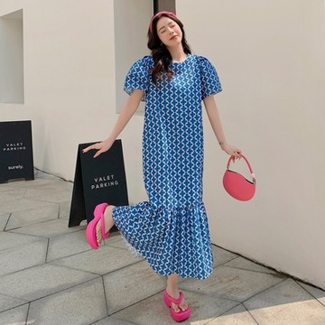 [巴黎精品] 長洋裝寬鬆連身裙-泡泡袖印花過膝舒適女裙子a1eq3