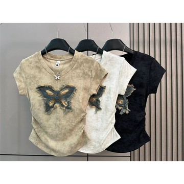 夏季短袖T恤女蝴蝶刺繡牛仔貼布設計感扎染收腰獨特短款上衣