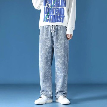 Printed drawstring straight leg jeans 休閑印花抽繩直筒牛仔褲