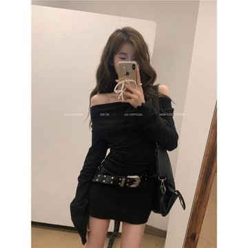 lili哩小姐早春漂亮黑色修身上衣連衣裙露肩辣妹性感短裙包臀裙女