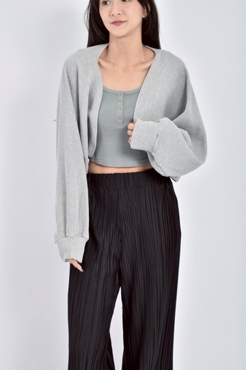 (F) korea修身短版針織素面灰色罩衫