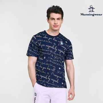 【Munsingwear企鵝】男款藏青色滿版LOGO印花圖案親膚柔軟舒適圓領T SHIRT MGVL2503
