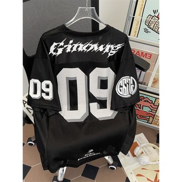 網眼透氣V領短袖t恤男女款夏季美式復古冰絲球衣潮牌街頭運動體恤