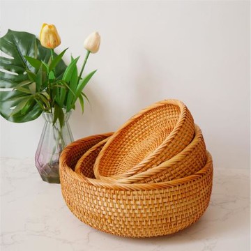 水果籃越南藤編竹編收納筐客廳圓形編織水果盤草編饅頭筐托盤家用
