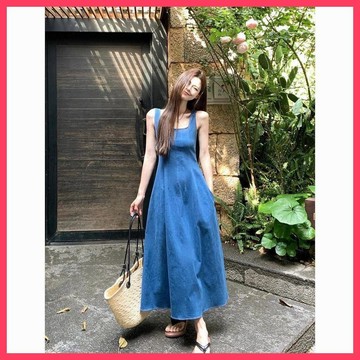 『ATC』 2026新款雙口袋法式連衣裙女夏季小衆設計感收腰仿牛仔吊帶長裙子
