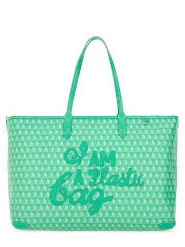 anya hindmarch tote bag with "i am a plastic bag" pattern