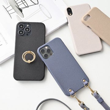 相容於所有型號的智慧型手機保護套 [Marutto Saffiano 皮革] 智慧型手機肩部 智慧型手機環 智慧型手機支架 姬路皮革 真皮 暗色 BN01K