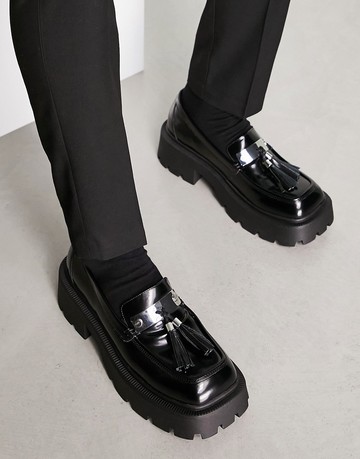 Truffle Collection faux square toe chunky tassel loafers in black