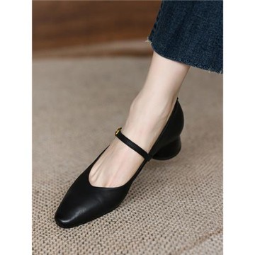 M先生 瑪麗珍鞋女低跟法式復古粗跟小方頭黑色一字扣帶淺口單鞋