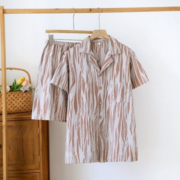 夏季薄款情侶大尺碼睡衣純棉短袖短褲家居服男女士簡約風色織雙層紗