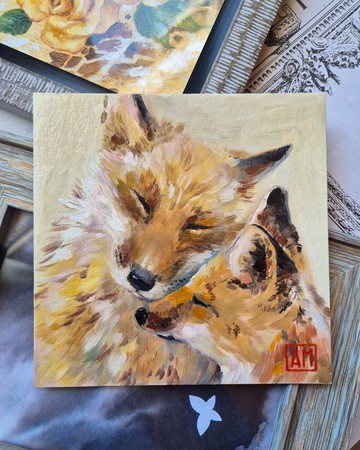 原创可爱狐狸一家手绘油画