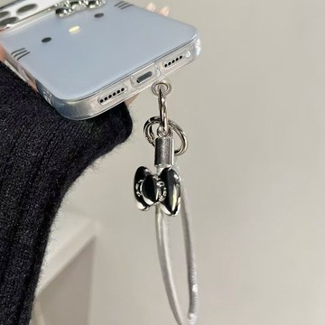 手機掛飾✨韓系ins銀蝴蝶結皮質手機掛繩簡約小眾設計鑰匙扣掛件包包掛飾