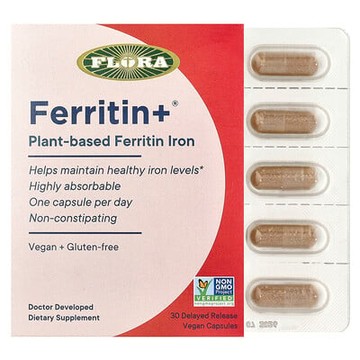 Flora, Ferritin+®，植物基鐵蛋白鐵，30 粒緩釋全素膠囊（每粒膠囊 20 毫克）