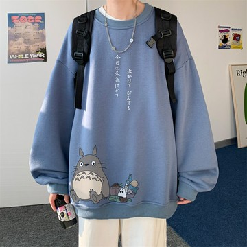 霧霾藍圓領加絨衛衣男春裝新款胖子日系龍貓上衣服寬松打底衫