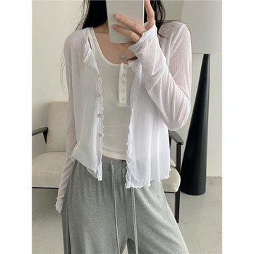 sun柚 蕾絲拼接花邊軟糯面膜防曬針織開衫輕薄外套上衣女夏防曬衫