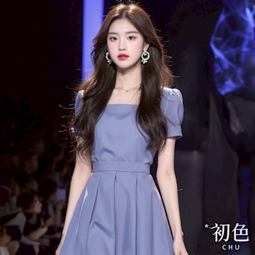 初色 法式氣質純色方領收腰泡泡袖連衣裙連身洋裝-藍色-35558(M-2XL可選)