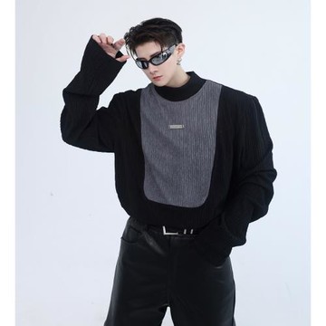 ins秋季新款未來感肌理紋撞色拼接套頭長袖衛衣男寬松潮流薄外套