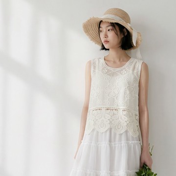 ★度假風刺繡幸運草愛心拼接鏤空蕾絲無袖背心上衣(共2色)0804 預購【NS1924】