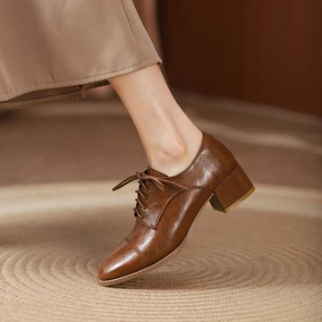 英倫風小皮鞋女春季新款棕色復古單鞋低跟系帶深口真皮方頭平底鞋