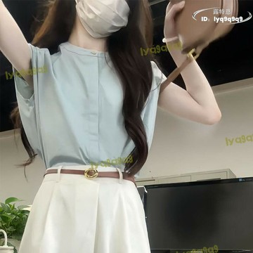 法式夏季絕美設計感襯衣百搭休閒氣質顯白淺藍色小飛袖無袖襯衫女