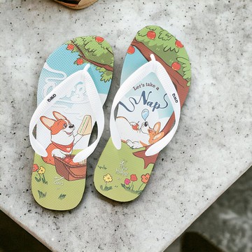 男夾腳拖鞋 汪來汪趣  柯基 狗狗 防滑防水人字拖 睡午覺