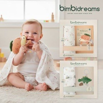 【bimbidreams】安撫手搖鈴/固齒器+竹纖維紗布包巾禮盒 (新生兒禮 滿月禮 彌月禮 嬰兒禮盒)