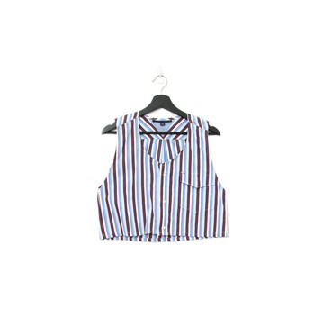 Back to Green-再製水洗丹寧條紋背心 藍混紅tt-03 vintage vest