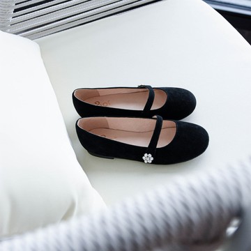 黑色女童公主瑪麗珍平底圓頭學院風簡約優雅百搭真皮羊絨鞋