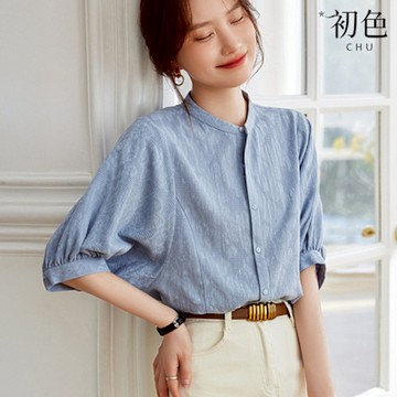 初色 通勤風肌理感紋理寬鬆小立領泡泡五分袖襯衫上衣女上衣-藍色-12040(M-2XL可選)