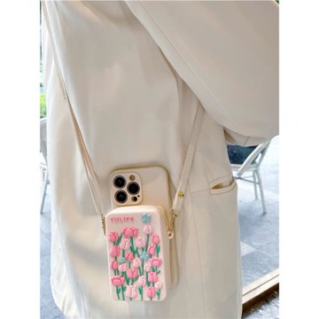 粉色郁金香零錢包適用蘋果17promax手機殼iphone16pro保護套13斜挎背帶15pro創意14硅膠12/11防摔8/7plus女款