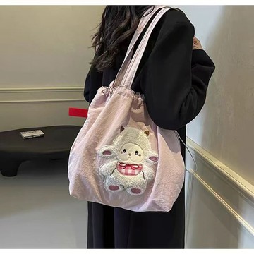 臺灣/✨刺繡百搭卡通可愛抽繩包新款單肩大容量托特通勤包包布包潮流女包