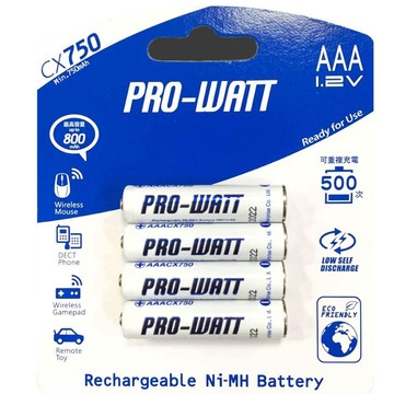華志 PRO-WATT 低自放電鎳氫 充電電池 4號4入  容量750mAh 1.2V AAACX750