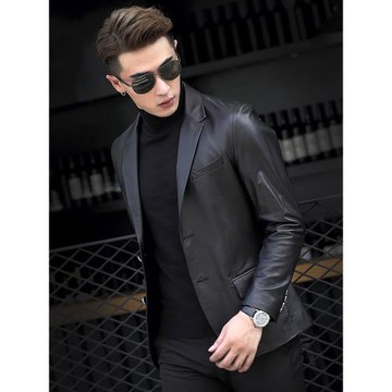 新款皮西裝男真皮皮衣海寧綿羊皮夾克韓版修身收腰皮西服外套加絨