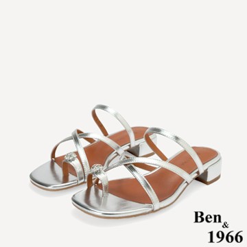 Ben&1966高級頭層羊皮流行交叉綁帶低跟拖鞋-銀(256391)