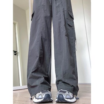 灰色工裝褲女夏季2025新款高腰闊腿寬松休閑顯瘦小個子美式運動褲