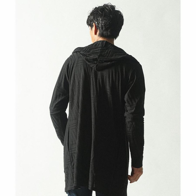 カーディガン メンズ ロングカーディガン 幾何学柄 フード付き