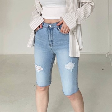 韓國女裝連線 - 彈性腰刷破牛仔單車褲/貼腿褲-淺藍