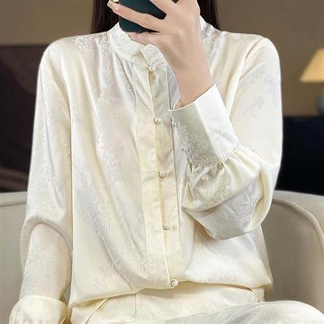 【米蘭精品】現貨+預購緞面襯衫長袖上衣-珍珠扣立領絲質提花3色74lc96