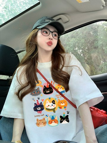 白色減齡卡通印花短袖t卹女新款夏季美式純棉寬鬆休閒上衣潮