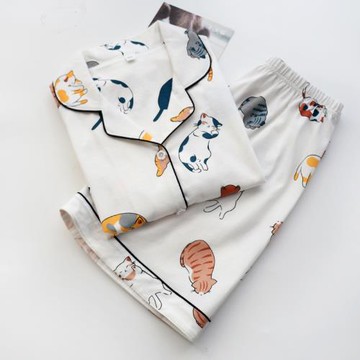 ins貓咪~針織純棉睡衣女式夏季薄款寬松短袖短褲家居服套裝卡通系