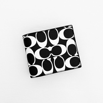 美國百分百【全新真品】COACH 皮夾 CD219 短夾 皮革 專櫃精品 錢包 證件夾 LOGO 印花 黑白 CT10