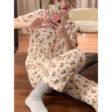 棉紗睡衣奶呼呼三件套女夏季短袖長褲短褲純棉紗布春秋家居服套裝