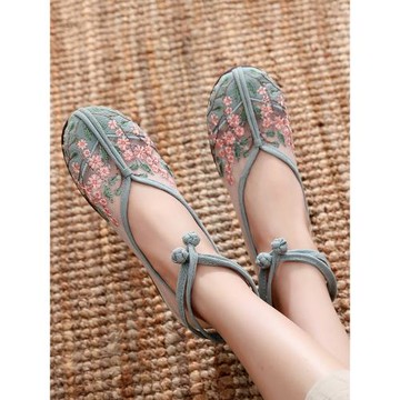 鏤空網紗透氣古風漢服鞋子女涼鞋平底軟底禪意茶藝師民族風繡花鞋