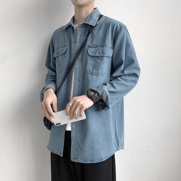 日系牛仔襯衫男設計感ins痞帥寬松潮牌長袖工裝襯衣春秋休閑外套